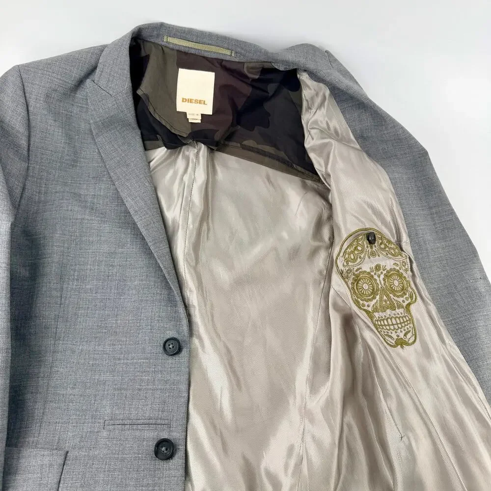 Diesel Wool Blend Blazer Men's M Grey Sport Coat Skull Embroidered Lining Rocker